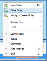 Hình 16: Lệnh có thể được đóng bằng cách click chuột phải vào lệnh đang mở trên tab "Trade" của khung Terminal và bấm "Close Order."